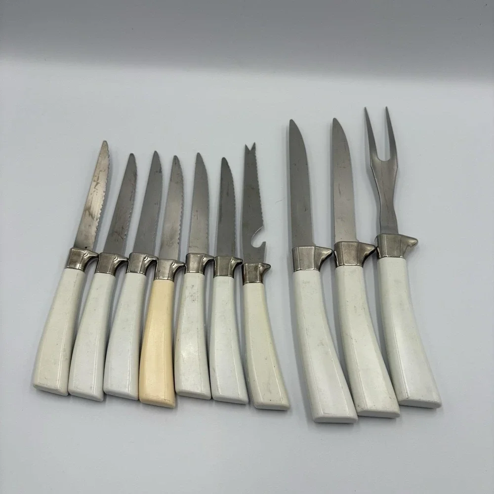 Vtg Knives Sheffield English Blades 10 Pc Golden Prestige Cutlery Floral